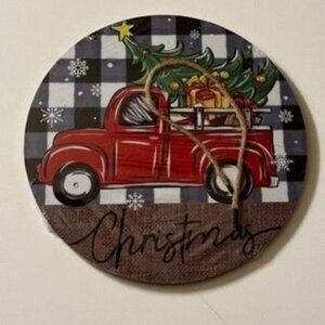 Deroro Christmas Red Truck Front‎ Door Sign Round Plaid Buffalo Check Holiday